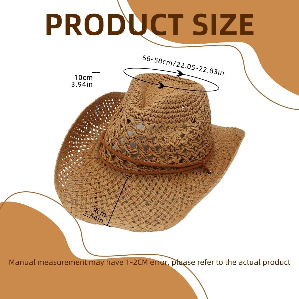 Women/Men Straw Cowboy Hat Wide Brim Sun Beach Cowgirl Hat Summer Western Cowboy for Travel Outdoor Family - Image 2