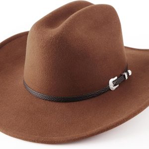Cowboy Hat for Women and Men Classic Felt Western Hat for Cowboys Cowgirls Wide Brim Belt Buckle Retro Fedora Hats