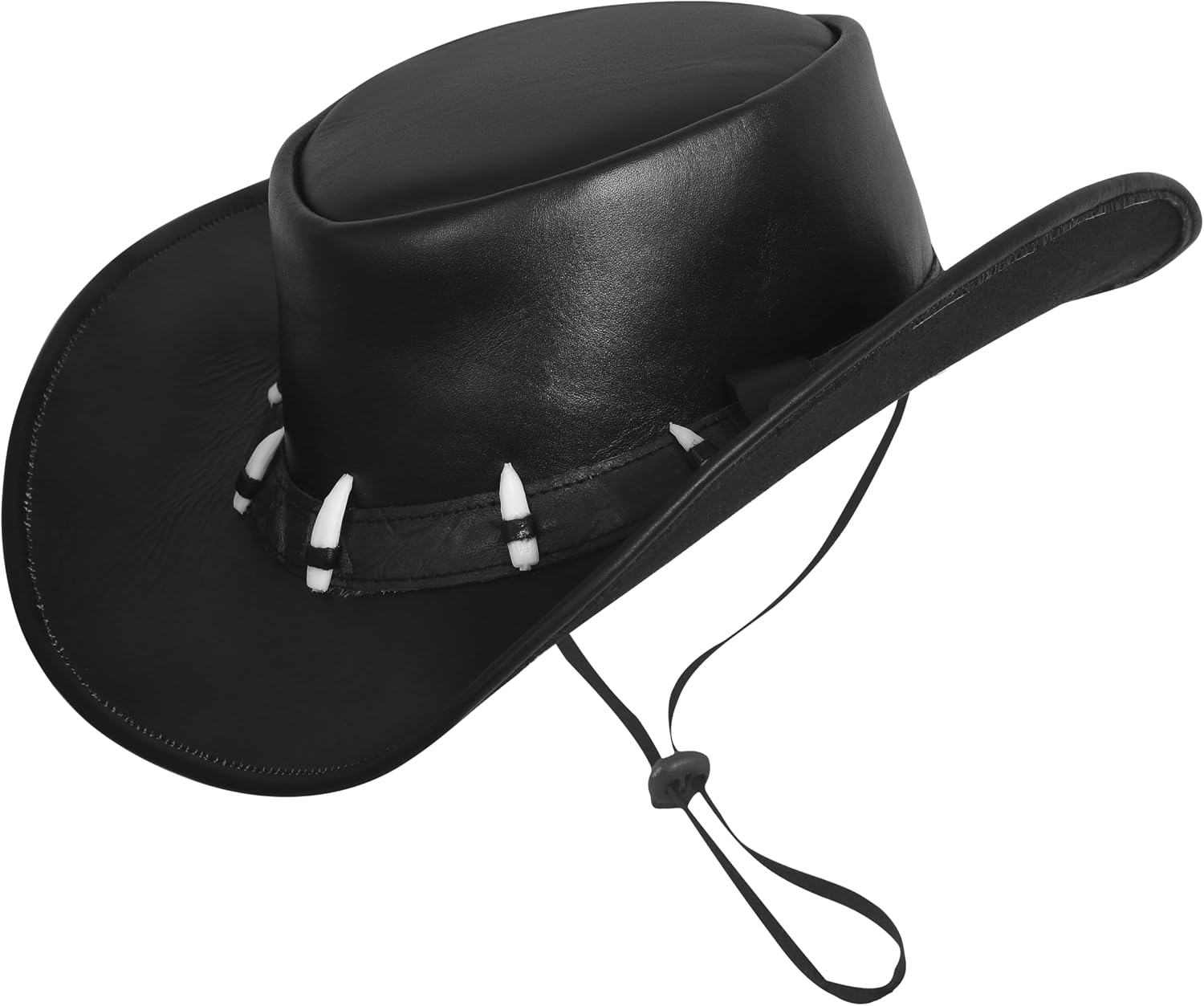 Men’s Black Leather Cowboy Hat with Crocodile Teeth Band – Western  – Handmade Wide Brim Australian Bush Hat