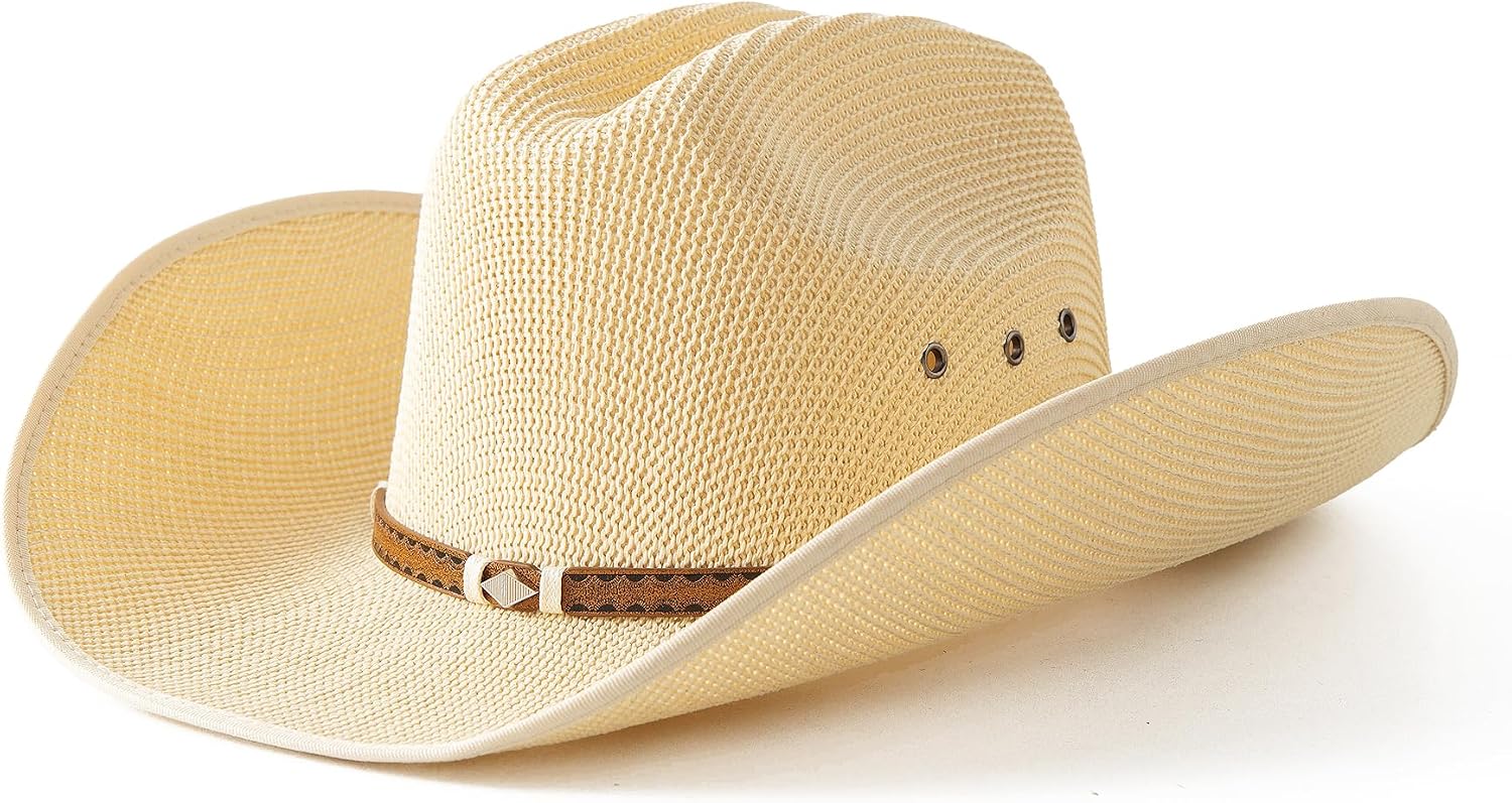 Men Wide Brim Western Cowboy Hat Classic Style Straw Western Cowgirl Hat with Leather Buckle