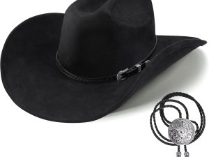 Western Cowboy Hat for Men Women,Shapeable Wide Brim Felt Fedora Classic Cowgirl Hats for Cowboys and Cowgirls,with bolo tie