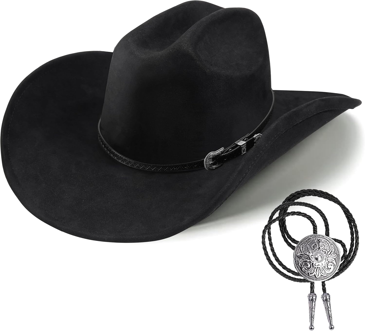 Western Cowboy Hat for Men Women,Shapeable Wide Brim Felt Fedora Classic Cowgirl Hats for Cowboys and Cowgirls,with bolo tie