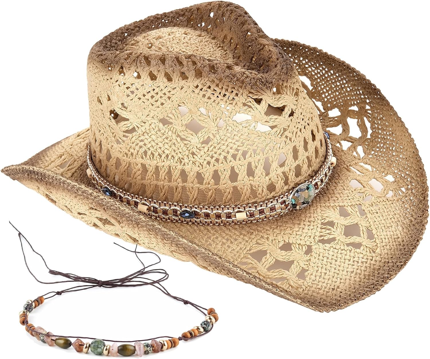 Men’s Women’s Straw Cowboy Hat Cowgirl Woven Sun Hat Western Cowboy Hat Two Decorative Bands
