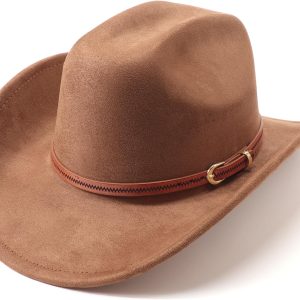 Cowboy Hat for Women and Men Wide Brim Western Cowboy Cowgirl Hat with Belt Buckle Unisex Rolled up Caps