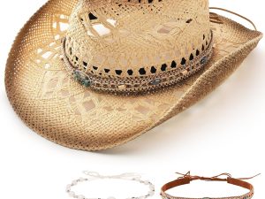 Straw Cowboy Hat for Women with 4 Decorative Bands Cowgirl Hat | Western Style, Shapeable, Lightweight, Durable, Fashion Styling, Summer Vacations, Western-Themed Parties