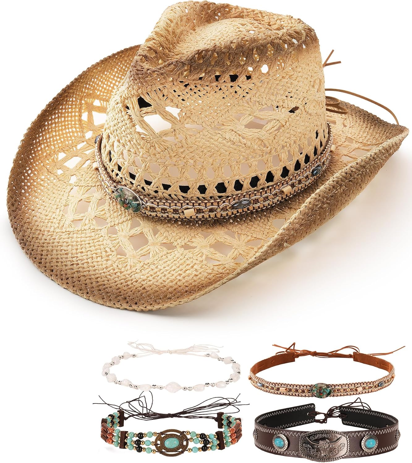 Straw Cowboy Hat for Women with 4 Decorative Bands Cowgirl Hat | Western Style, Shapeable, Lightweight, Durable, Fashion Styling, Summer Vacations, Western-Themed Parties