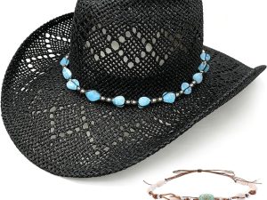 Men's Women's Straw Cowboy Hat, Western Cowgirl Hat, Wide Brim Hollow Out Sun Beach Hat with Three Decorative Bands