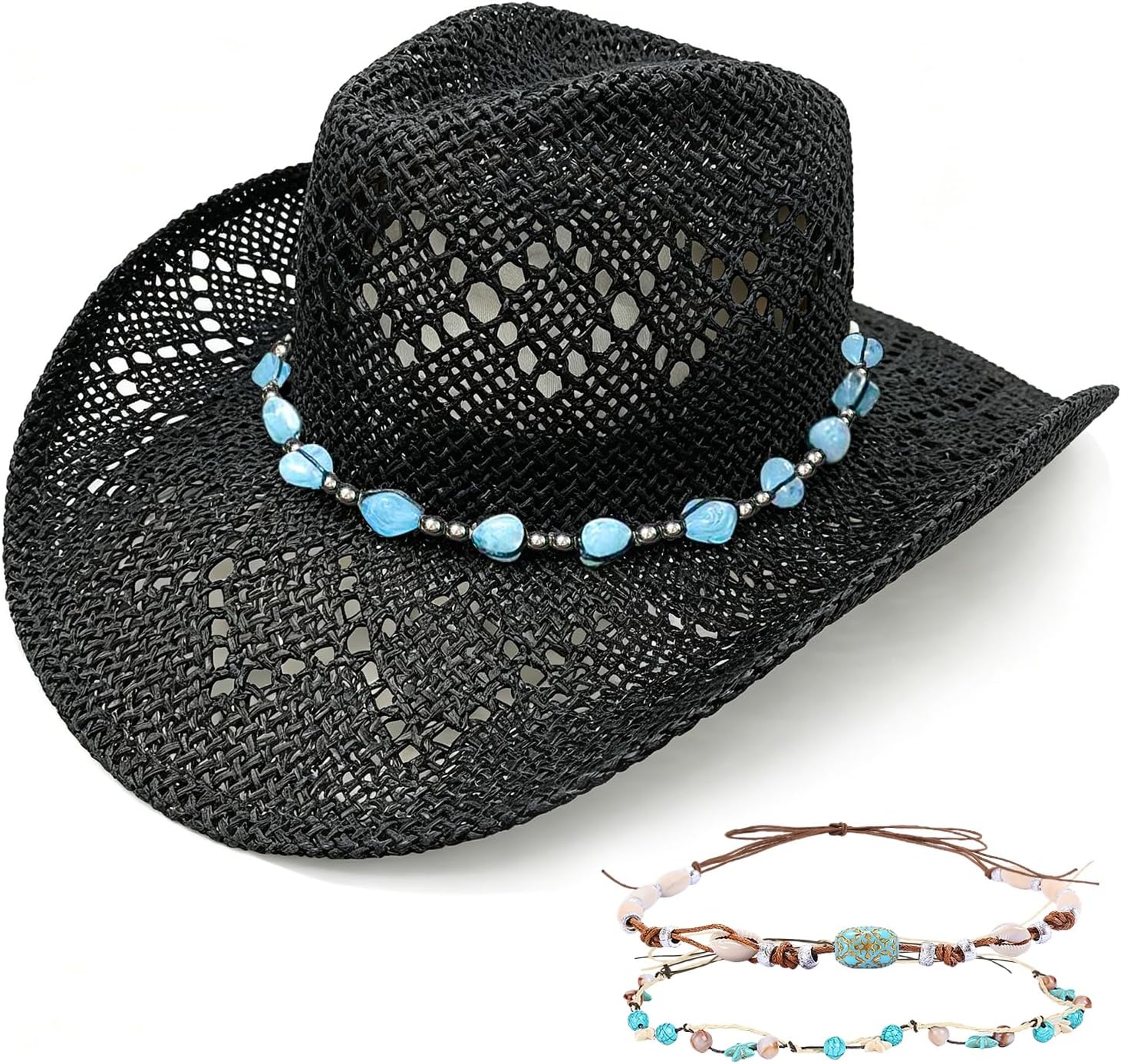 Men’s Women’s Straw Cowboy Hat, Western Cowgirl Hat, Wide Brim Hollow Out Sun Beach Hat with Three Decorative Bands